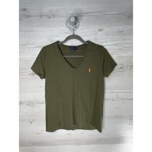 Ralph Lauren Shirt Womens Large Olive Green V Neck Embroidered Pony Tee Cotton